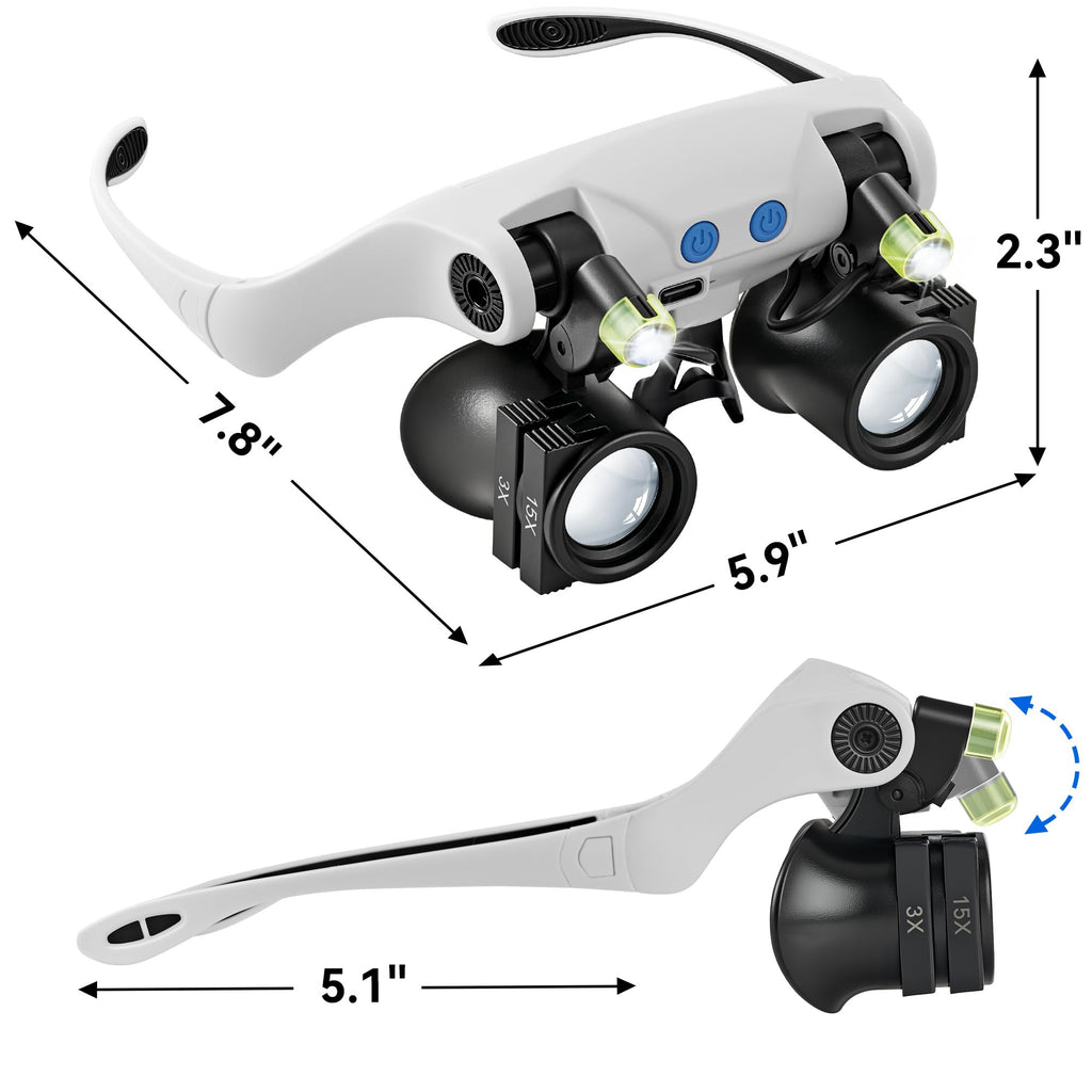 JARLINK Magnifying Glasses with LED Light, Hands Free Magnifier with 14 Interchangeable Lenses 3X 4X 5X 6X 7X 10X 15X, Magnifying Glasses for Close Work, Crafts, Jewelry, Electronics Repair (Black)