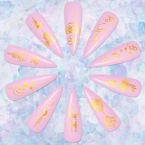 KISSBUTY 24 Pcs Universe Nail Art Sticker - Gold Flowers, Stars, Moon Constellation Decals