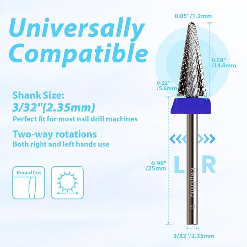 Tapered Nib Nail Drill Bit 3/32" Cross Cut, Safety Tungsten Carbide Cone Bit for Cuticle Cleaning, Dead Skin Removal, Gel Polish Removal, Two-Way Rotation E-File Bit for Manicure & Pedicure, Medium