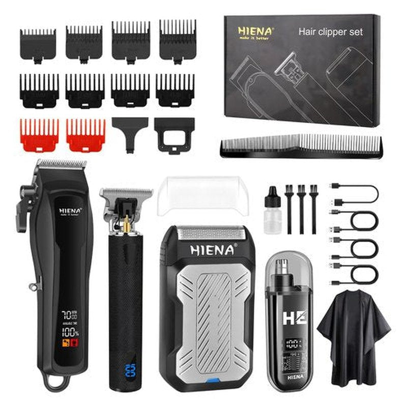 HIENA PRO Cordless Hair Clippers for Men, Professional Barber Kit - Beard Trimmer, Aluminum Foil Shaver, Nose Trimmer, 10 Limit Combs - Fast Charge, Smart LED Display (Clippers/Trimmer)