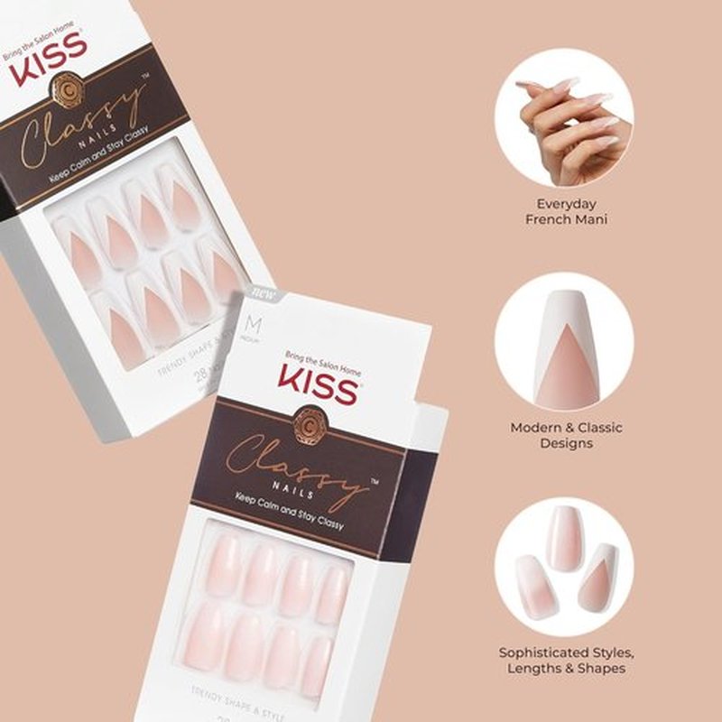KISS Classy French Nail Manicure Kit - Coffin Shaped, Gel Finish, 28 Fake Nails & Accessories