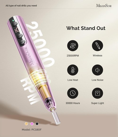 MelodySusie Pen-Shaped Portable Cordless Nail Drill, PC180F 25000RPM Rechargeable Electric File with LED Display for All Nail Care, Manicure Shaping & Acrylic Gel Removal for Nail Artists DIY at Home