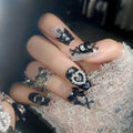 BABALAL Black Press on False Nails Medium Coffin Fake Nails Goth French Tip Glue ons Acrylic Nails Cute Bow Anime Heart Charm Design 24Pcs kawaii Luxury Bling Ballerina Manicure DIY