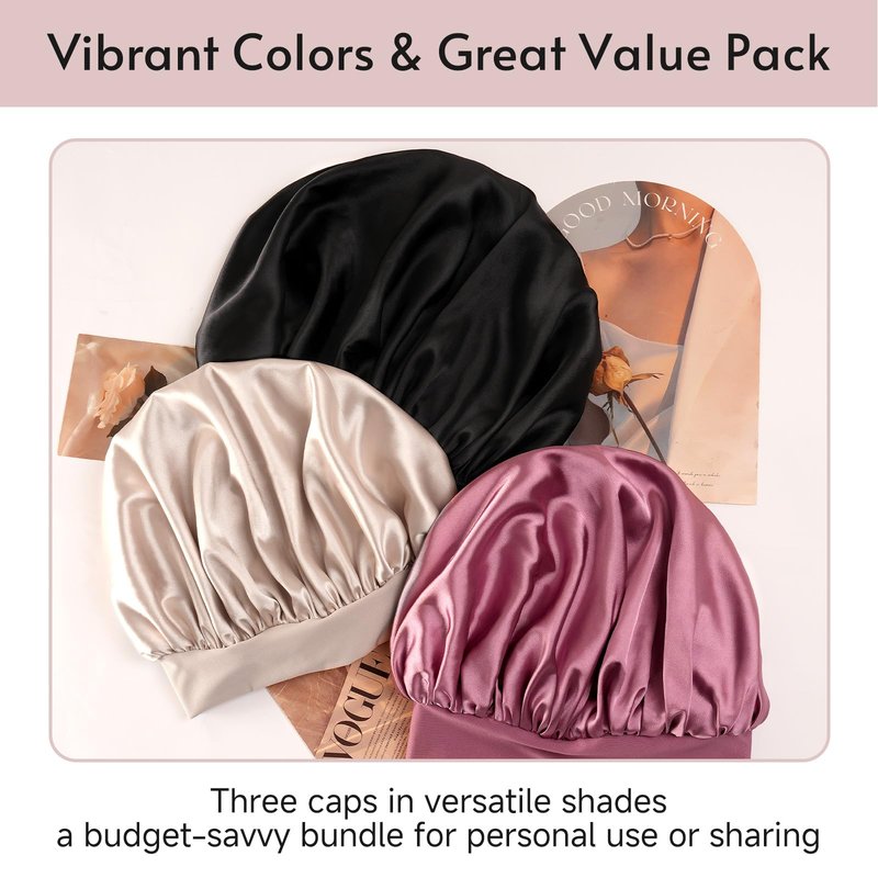 Yanideer 3 pcs Silk Bonnet for Sleeping Double Layer Satin Lined Hair Satin Bonnet with Tie Band for Women Curly Hair Gold