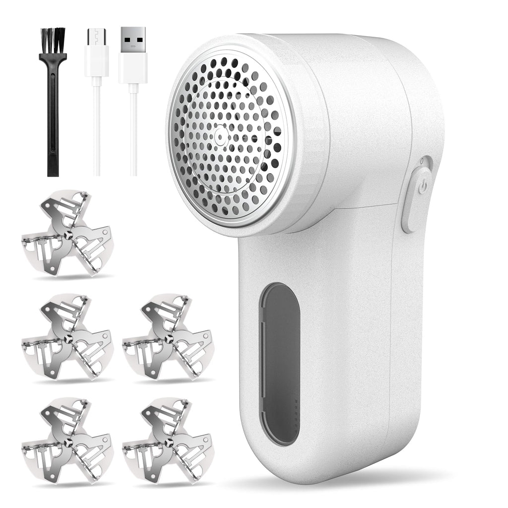 Fabric Shaver, Lint Remover Rechargeable, Electric Portable Sweater Defuzzer Digital LED Display to Remove Pilling for Clothes, Furniture, Sweater, (White with Five Shaver Blades)