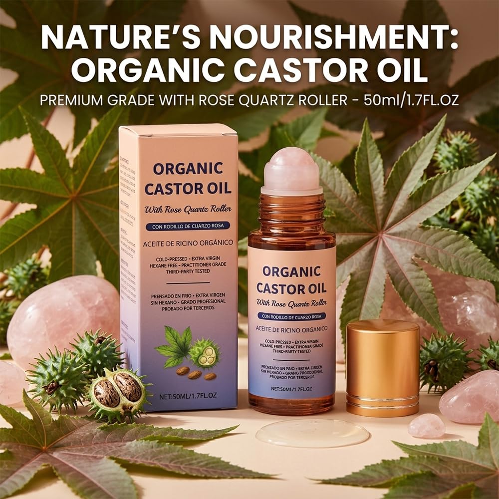 ROVIA 1 PCS Organic Castor Oil Roll On: 100% Cold Pressed Moisturizing Oil with Rose Quartz Roller - for Brows, Lashes, Dry Skin & Face, Travel Friendly Leakproof Roller Bottle (1)