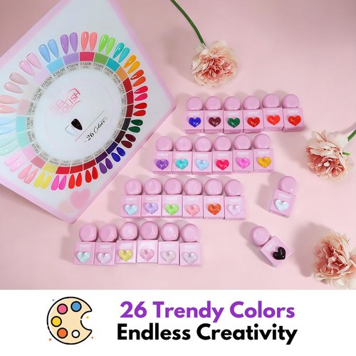 FZANEST 30pcs Gel Nail Polish Set, Professional HEAM-free TPO-free 10ml 26 Bright Colors DIY Gel Nail Set with Base Top Coat, Matte Top & Blooming – Pink Heart Shaped Bottles