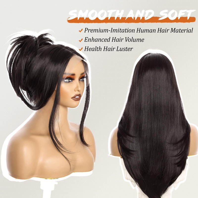 Worldnewhair Natural Black Lace Front Wig 26 Inch - 13x4 HD Lace Layered Wigs for Women, Wear and Go Glueless Wigs Pre Plucked Pre Cut Long Straight Syntheic Fiber Pre-styling Hair for Daily
