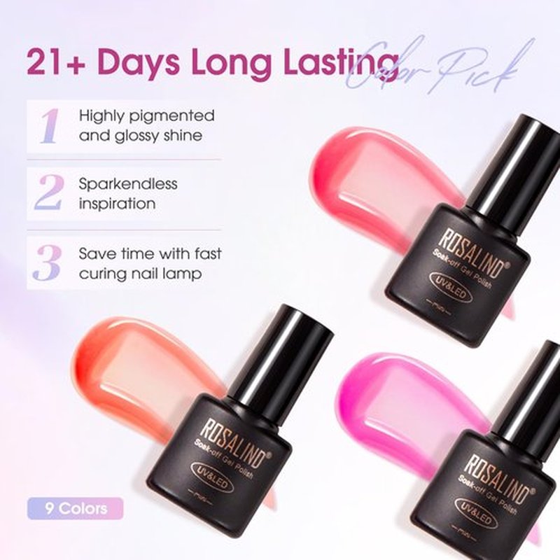 ROSALIND 14PCS Gel Nail Polish Kit with Mini u v Light,9 Colors gel polish Set with Base Coat and Glossy Matte Top Coat Nail art Easy Apply for Women