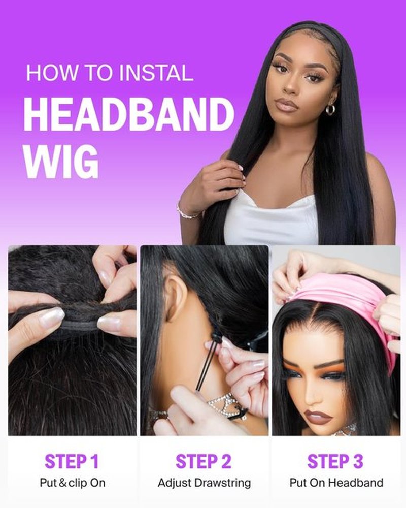 Megalook hair Straight Headband Wig Human Hair Drawstring Ponytail Half Wig No Lace Wear and Go Glueless Wigs Human Hair 20 Inch Ponytail Extension Natural Black 200% Density