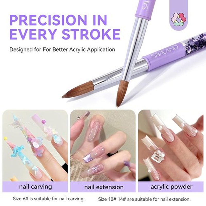 SAVILAND Kolinsky Acrylic Nail Brush Set - Professional Manicure Tools for Acrylics | Sizes 6, 10, 14