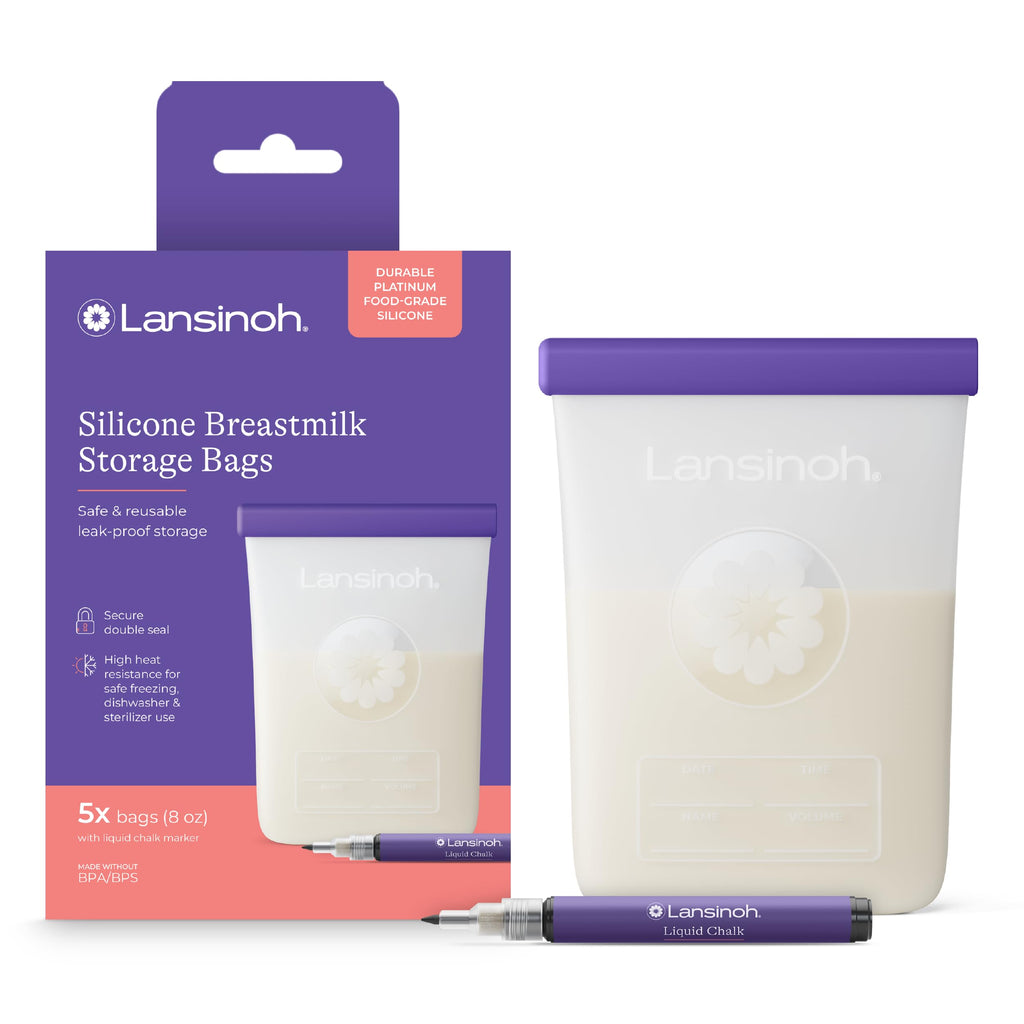 Lansinoh Silicone Breastmilk Storage Bags, Reusable Leakproof Milk Storage Bags with Double Seal, Dishwasher & Sterilizer Safe, 8 oz, 5-Count, BPA Free Breastfeeding Essentials