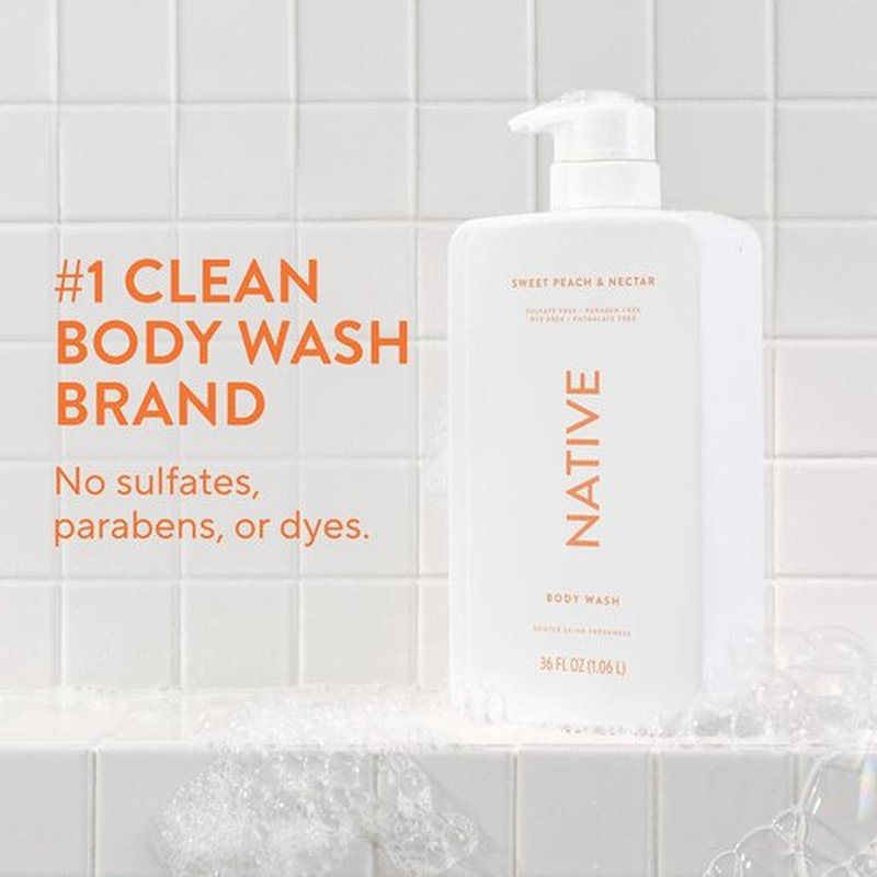 Native Body Wash - Sweet Peach & Nectar | Sulfate-Free & Gentle for All Skin Types - 36 oz Pump Bottle