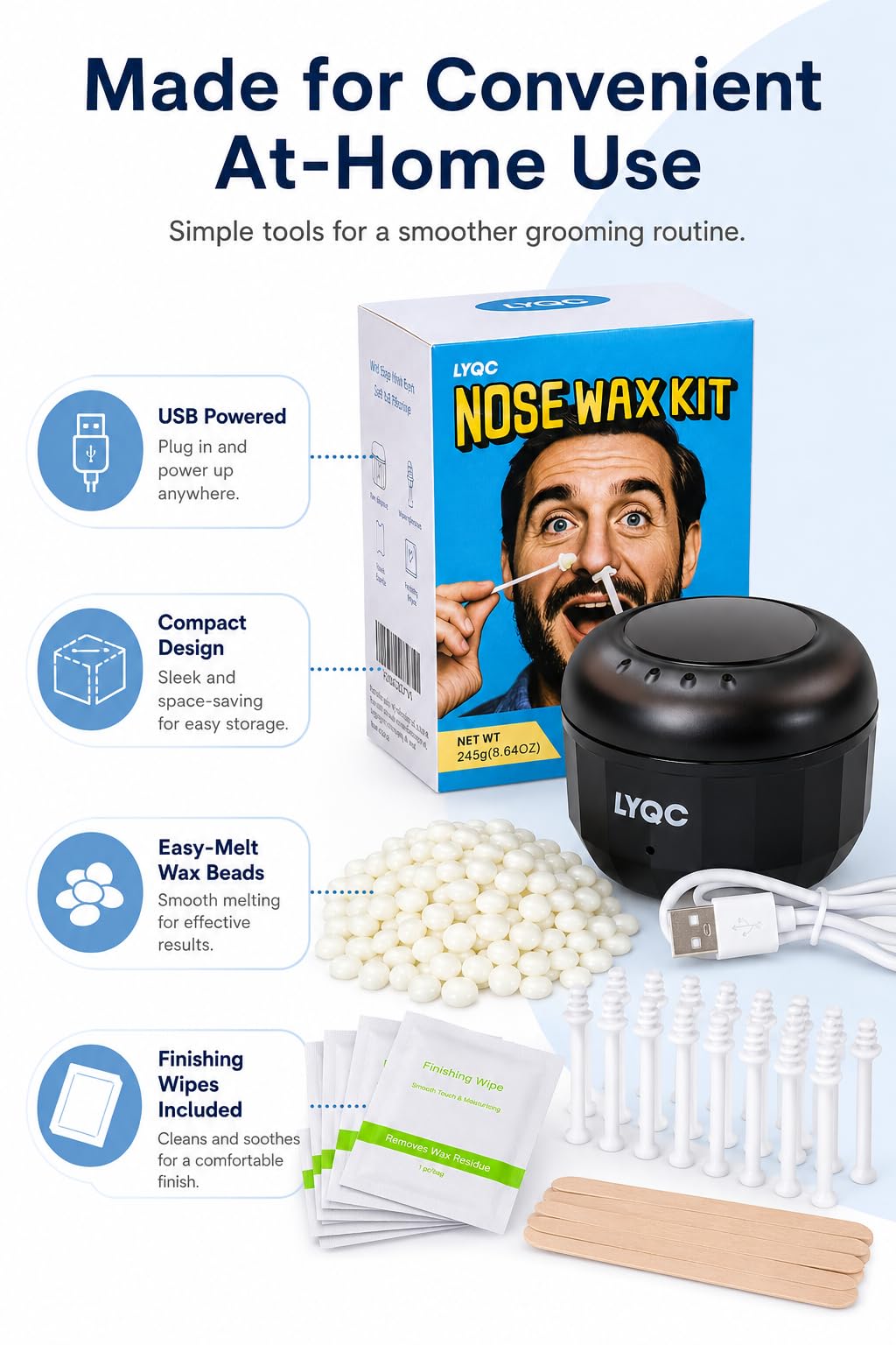 LYQC Nose Wax Kit Men, Mini Wax Warmer for Nose Eyebrow Ear Hair Removal, waxing kit with USB Fast Heat，including 100g Beads & 30 Sticks，Portable wax machine, suitable for home travel use - black