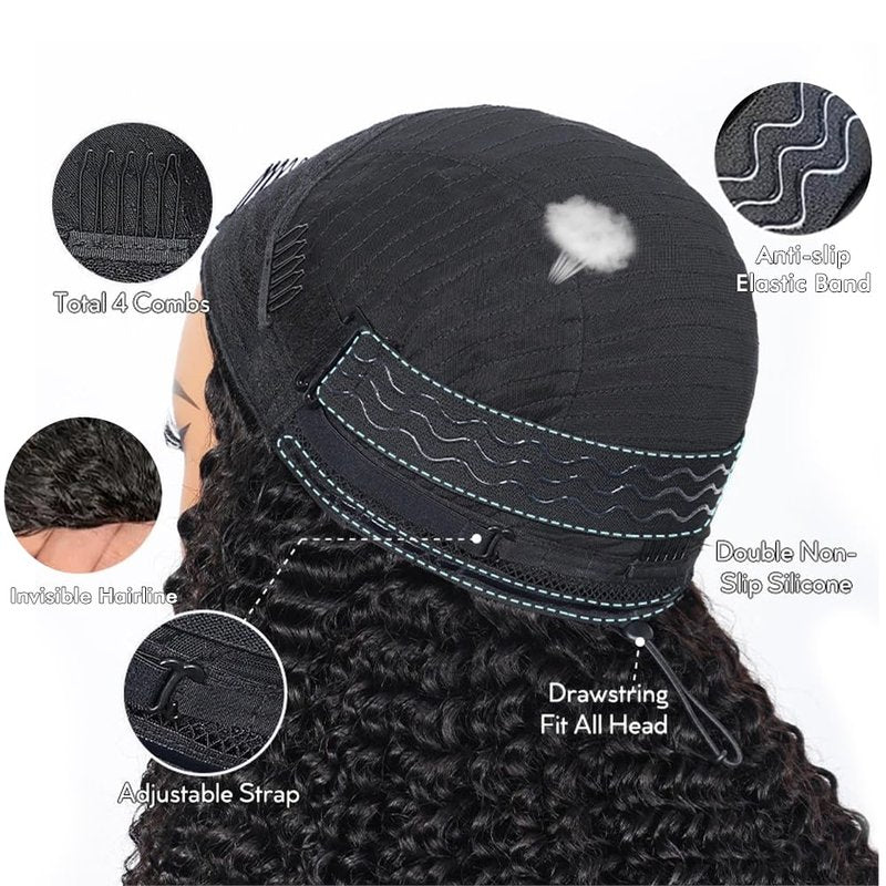 virginess Kinky Curly Half Wig Human Hair Wear Go Glueless Wigs 16 Inch Curly 3 In 1 Half Wigs for Black Women Drawstring Seamless Flip Headband Wig Human Hair Beginner Friendly