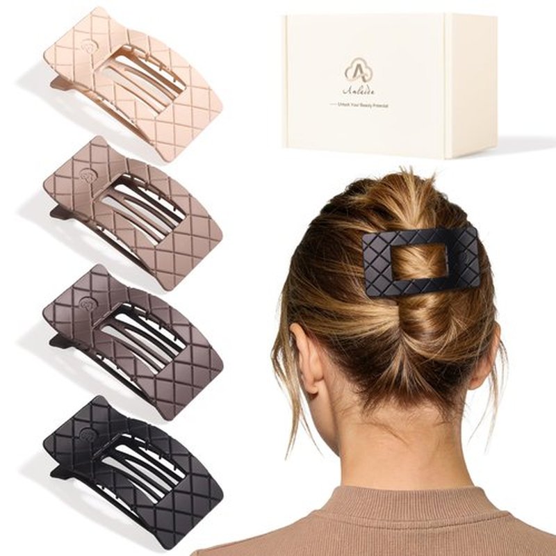 Amlaidu Large Flat Hair Claw Clips for Women Fine Thin Medium Thick Hair, Duckbill Strong Hold Non Slip Square Hair Clips, Cozy French Lay Down Hairclips, Beige, Light Brown, Dark Brown, Black, 4 Pcs