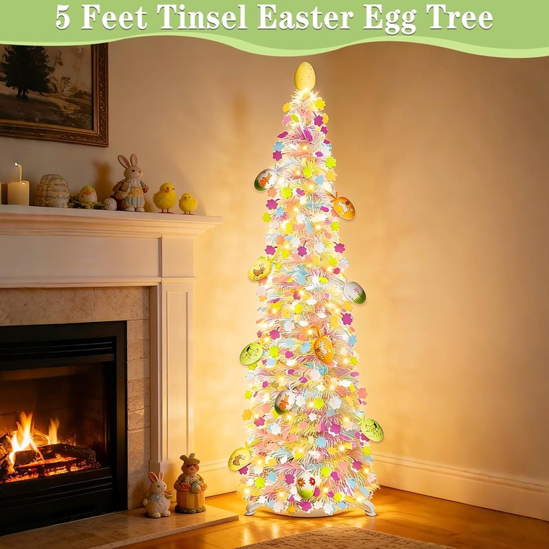**Skiennix 5Ft Lighted Easter Tree - 50 LED Warm White Lights & Colorful Egg Ornaments | Battery Operated**