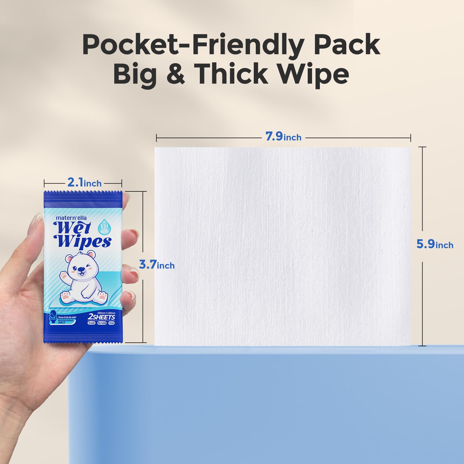 MATERN'ELLA Flushable Wipes Pocket for Sensitive Skin, Travel Essentials for Adults Kids, Calendula & Centella Asiatica Extract, individually Wrapped, Fragrance free 90 Packs Total 180 Wipes