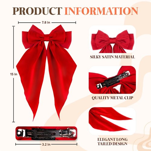 Loqpol 3 PCS Silky Satin Hair Bows, Oversized Long Tail Bows with Barrette Clips, Coquette Hair Accessories for Women and Girls (Red Hot Pink Light Pink)