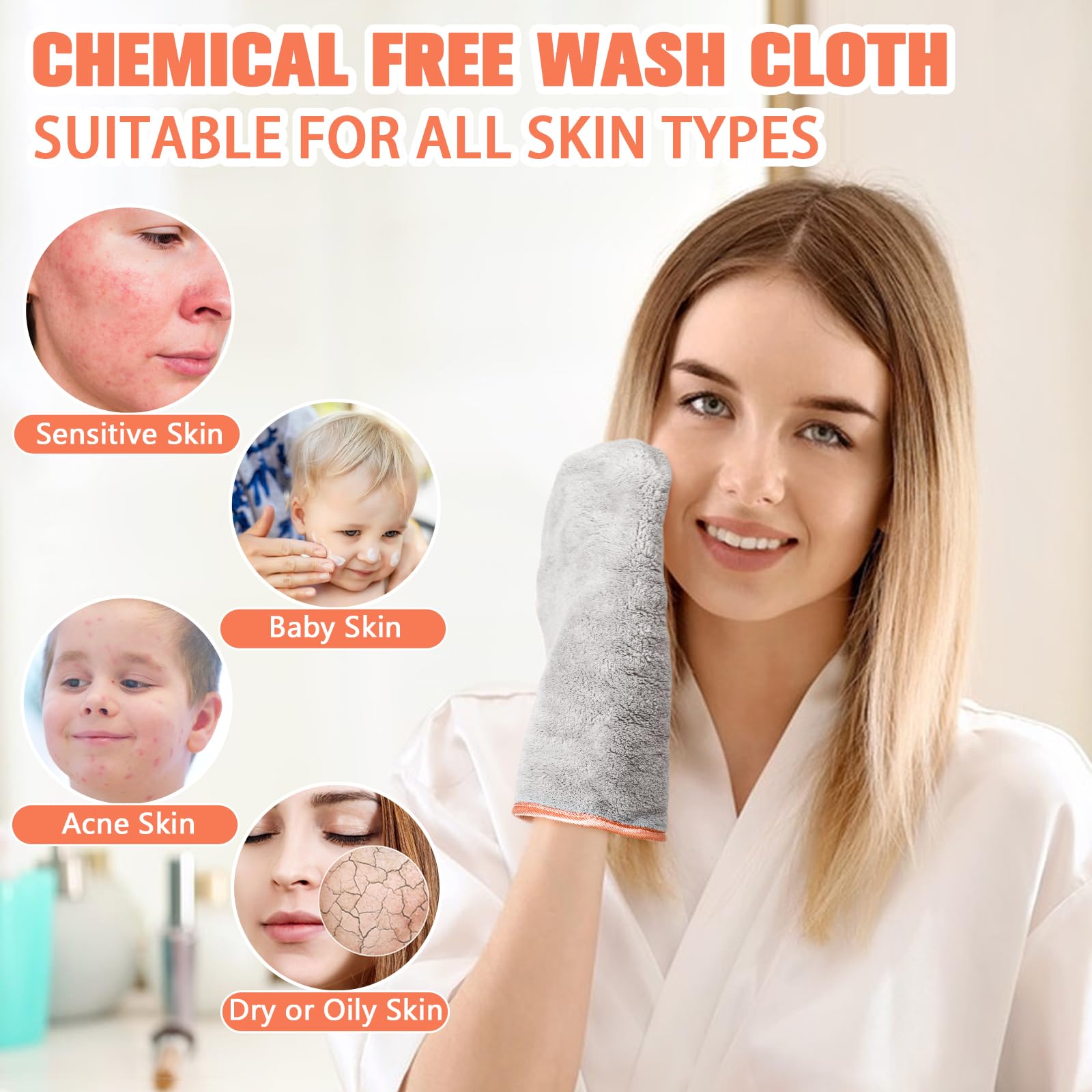 PHOGARY 8 Pack Microfiber Wash Mitts for Face Body, Super Soft Absorbent Coral Fleece Facial Cloths Bath Shower Mitt, Reusable Makeup Remover Washcloths, Gray, 6x9in