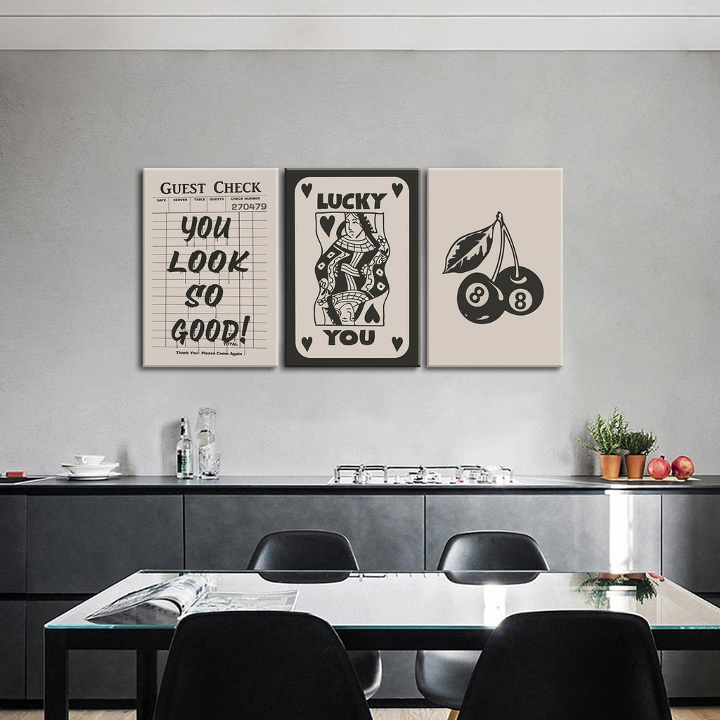 Fashion Poker Framed Canvas Wall Art Set of 3 - Vintage Queen & Lucky You Poster Prints | Aesthetic Black Art for Bedroom & Living Room - 12x16''