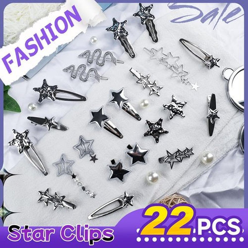 22 Pcs Silver Hair Clips Metal Star Barrettes, 13 Shapes Hairpin Barrettes, Goth Hair Pins Set, Punk 2000s Hair Accessories for Women and Girls Styling Star Hairpin (22 PCS)
