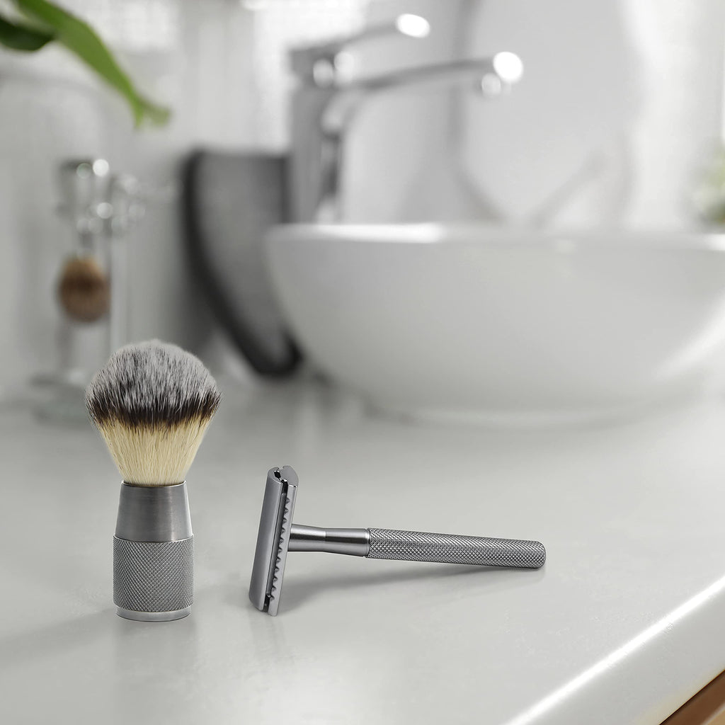 Bambaw - Shaving Brush Vegan | Silver | Ingrown Hair and Razor Bumps Treatment| Durable Shaving Brush Metal Handle| Shaving Brushes for Men and Women | Waste Free Synthetic Hair Brush