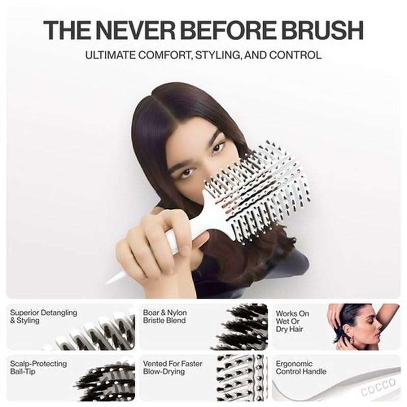 COCCO Aura Vent Boar Brush | Vented Dual-Curved Design for Faster Drying, Effortless Detangling & Shine, Boar + Nylon Bristles, Ergonomic Comfort Handle for Wet & Dry Hair Styling - White