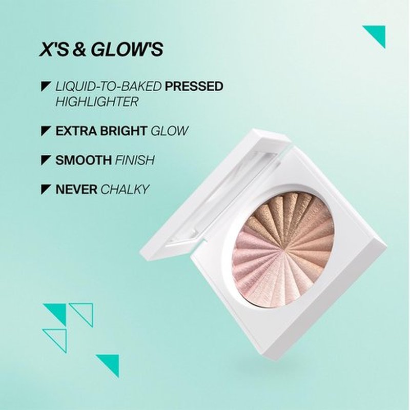 Pressed Powder Highlighter - Face Makeup | X’s & Glow’s - 4 Shades in 1 Pan | Pearl Shimmer Liquid-To-Baked Powder Highlighter | Refillable Pan | Cruelty-Free Beauty Essential | 7g