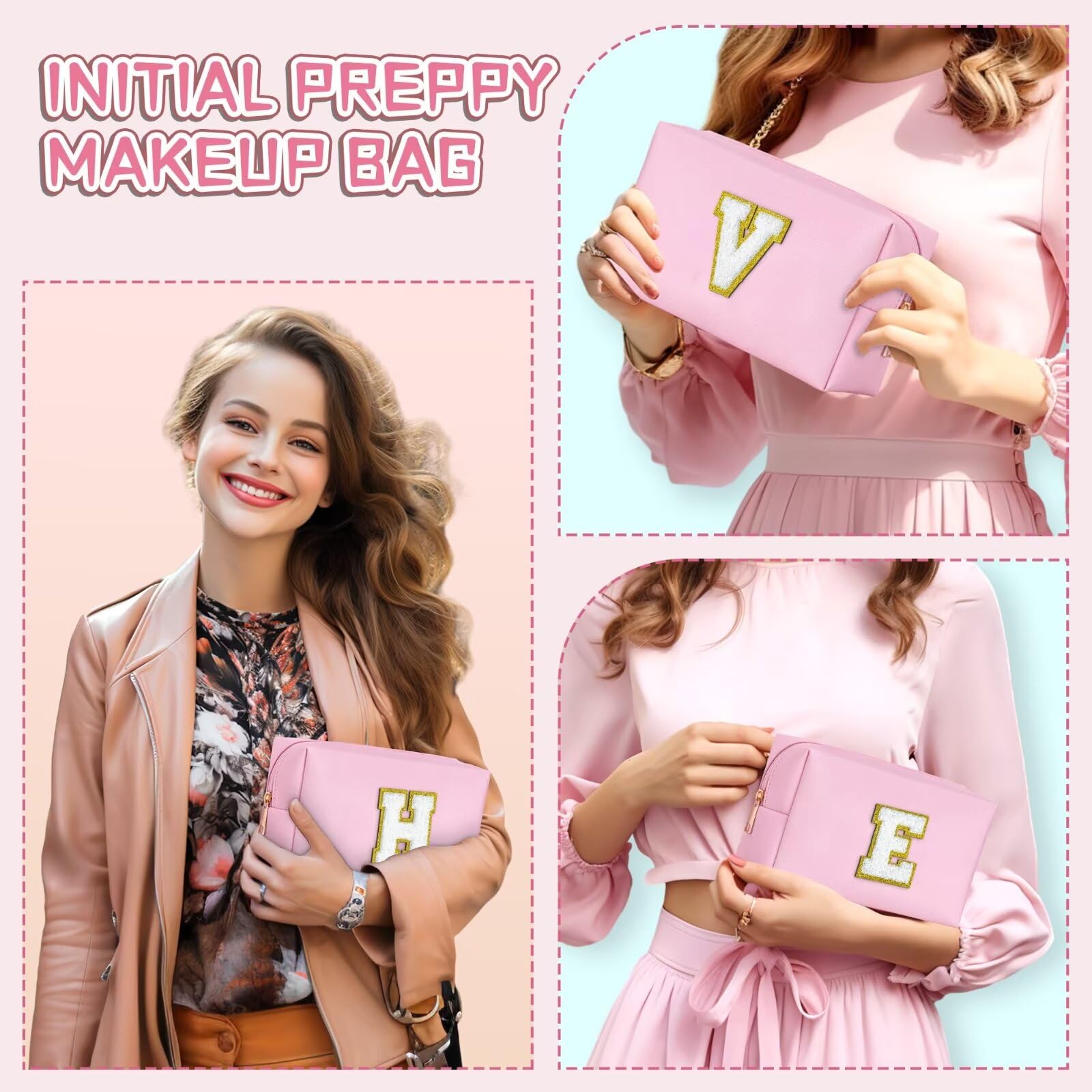 TOPEAST Cosmetic Travel Bags for Women, Preppy Small Makeup Bag, PU Leather Waterproof Toiletry Bag, Unique Friendship Gifts for Friends Coworker, Cute Stuff for Girls (Pink R)