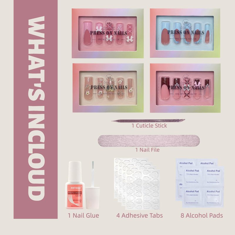 VESWEET Extra Long Square Press on Nails – 4 Boxes Fake Nail Set with 3D Designs | False Nail Tips for Women | Glue on Nail Art Kit | Gift for Her