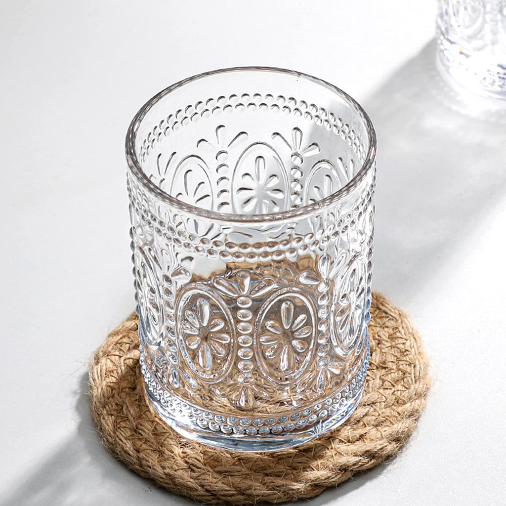 Bekith 6 Pack Drinking Glasses, 9.5 oz Romantic Water Glasses, Clear Embossed Glass Cups Vintage Glassware Set for Whisky, Juice, Beverages, Beer, Cocktail