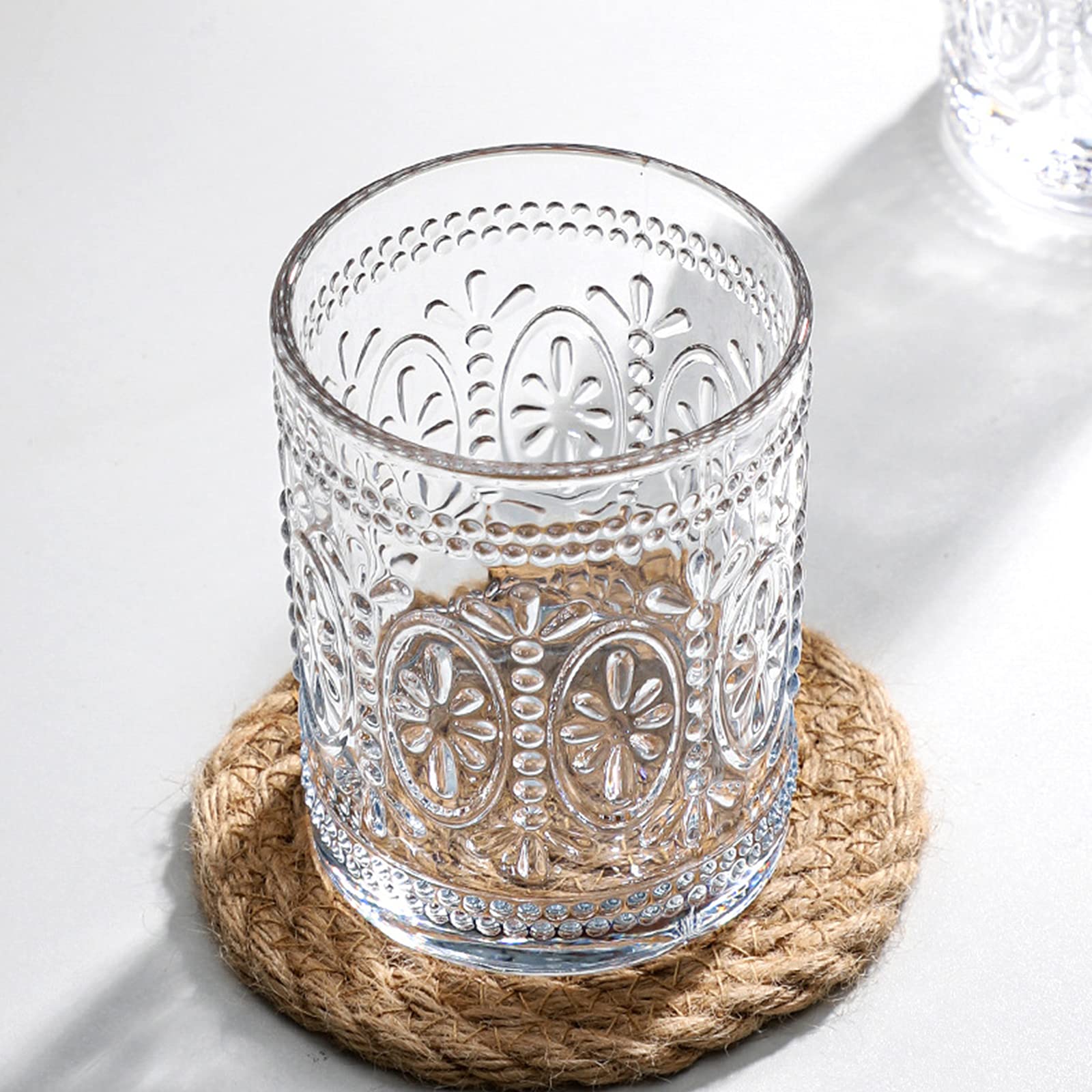 Bekith 6 Pack Drinking Glasses, 9.5 oz Romantic Water Glasses, Clear Embossed Glass Cups Vintage Glassware Set for Whisky, Juice, Beverages, Beer, Cocktail