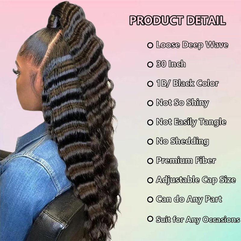 VIPPRETTY 13X6 HD Lace Front Wig,30Inch Glueless Loose Deep Wave Wig Natural Black.Synthetic Lace Front Wigs Pre-Plucked,Vogue Highlight Technology-Premium Fiber &Heat Resistant Human Hair Touch