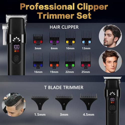 AMULISS Professional Hair Clippers and Trimmer Set for Men - Cordless Haircut Kit with LED Display, Zero-Gap T-Blade Mens Grooming Beard Trimmer for Family & Barber Use (Black)