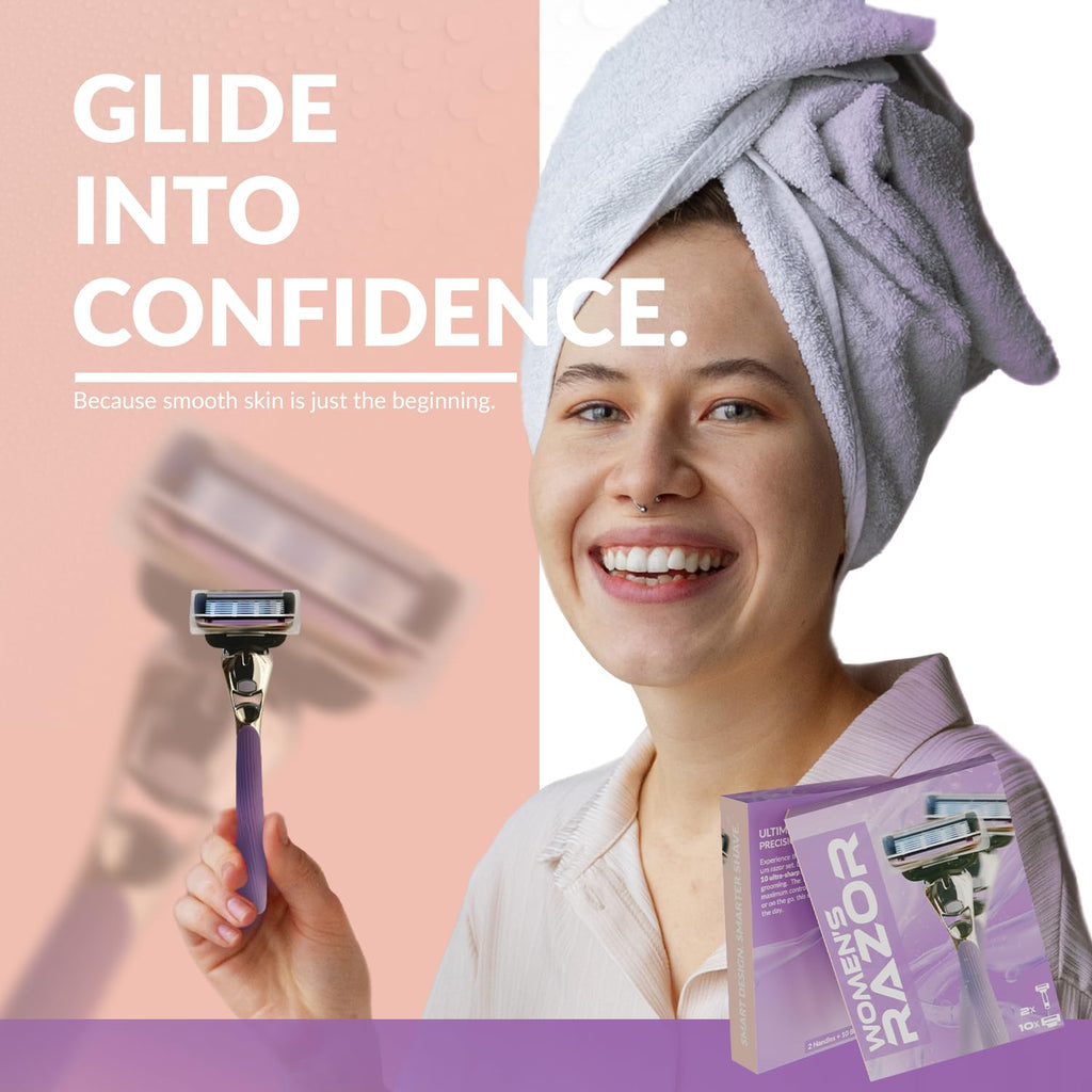 FOREVER GEM Women’s Razor with 2 Handles & 10 Razor Refills – 7 Blade Reusable for Smooth Shave – Sensitive Skin Safe – Facial & Body for Women