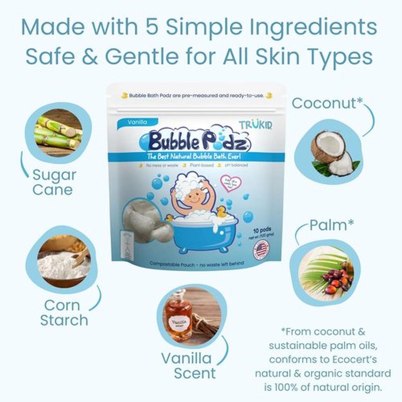 TruKid Bubble Podz | Tear-Free Bubble Bath for Kids & Toddlers | Gentle, Refreshing, Vanilla Scent (24 Podz)
