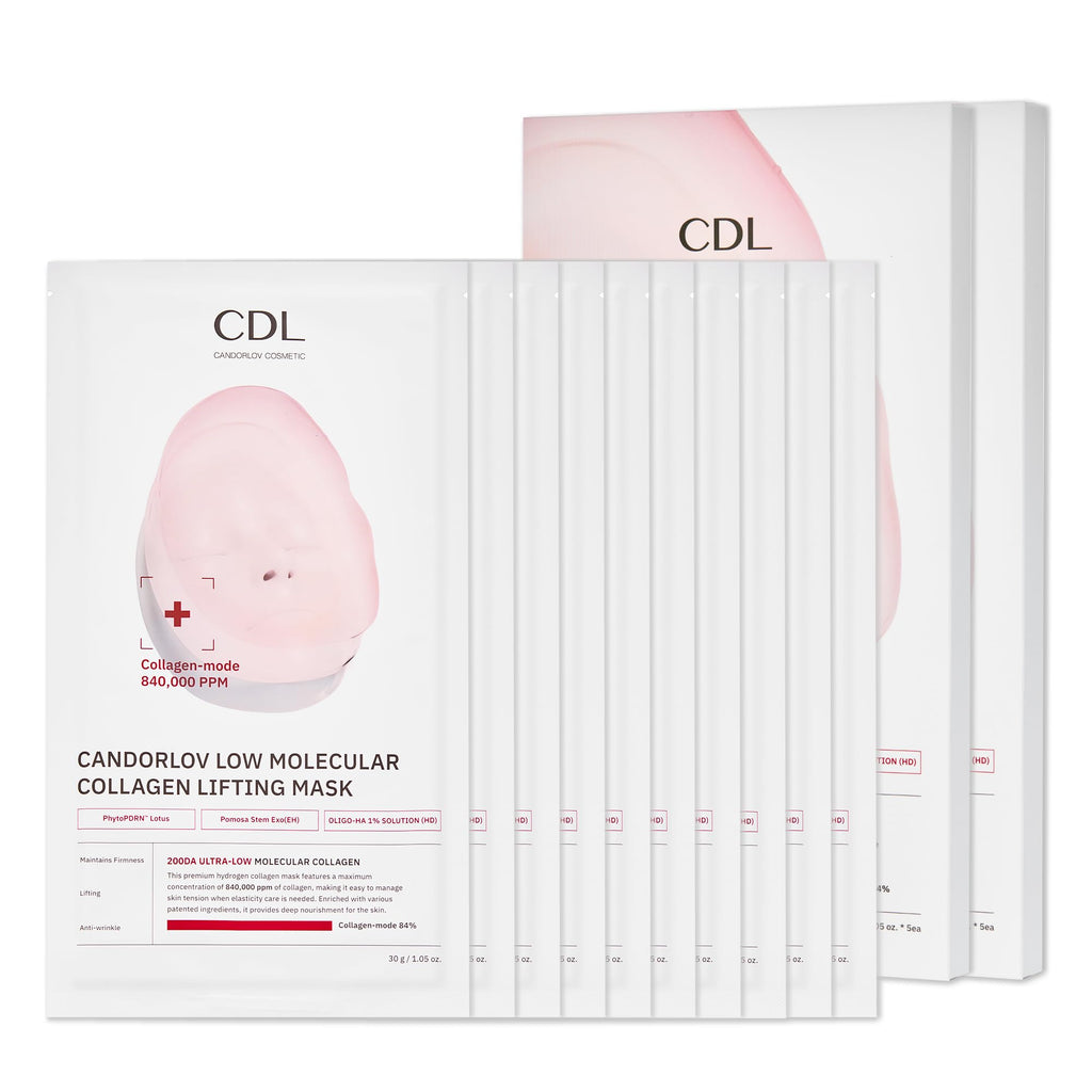 CANDORLOV CDL Low Molecular Collagen Face Lifting Mask - Glowing, Firming & Deep Hydrating Korean Hydrogel Sheet Mask for Glass Skin Elasticity, Phyto PDRN Anti-Aging Skincare (10 Sheets)
