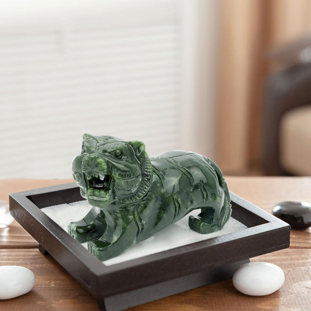 gemshan Handmade Tiger Statue Collectible - Natural Jade Tiger Sculpture for Home Decor Wild Animal Figure Collection Art Carved Figurine Decorative Sculpture Tabletop Home Decor