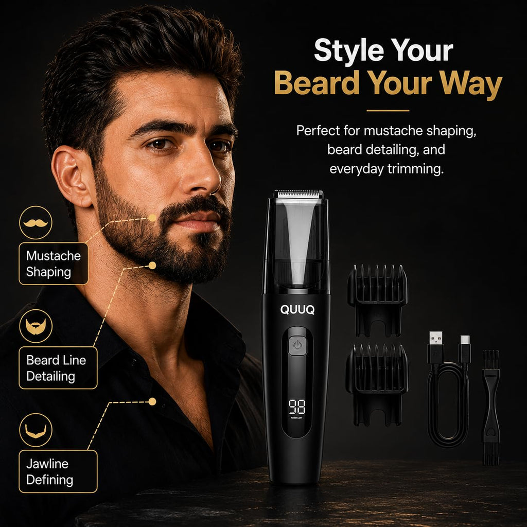 QUUQ Vacuum Beard Trimmer for Men, Cordless Electric Grooming Kit with Self-Collecting Hair Clipper, Adjustable 1–20mm Comb, IPX6 Waterproof, USB Rechargeable Mustache Trimmer