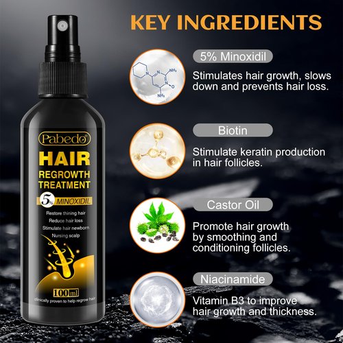 5% Minoxidil Hair Growth, Minoxidil Spray For Beard Growth Serum, Hair Growth oil Spray, Treating Hair Loss For Thicker Longer Fuller Healthier Hair, 3.38 Oz
