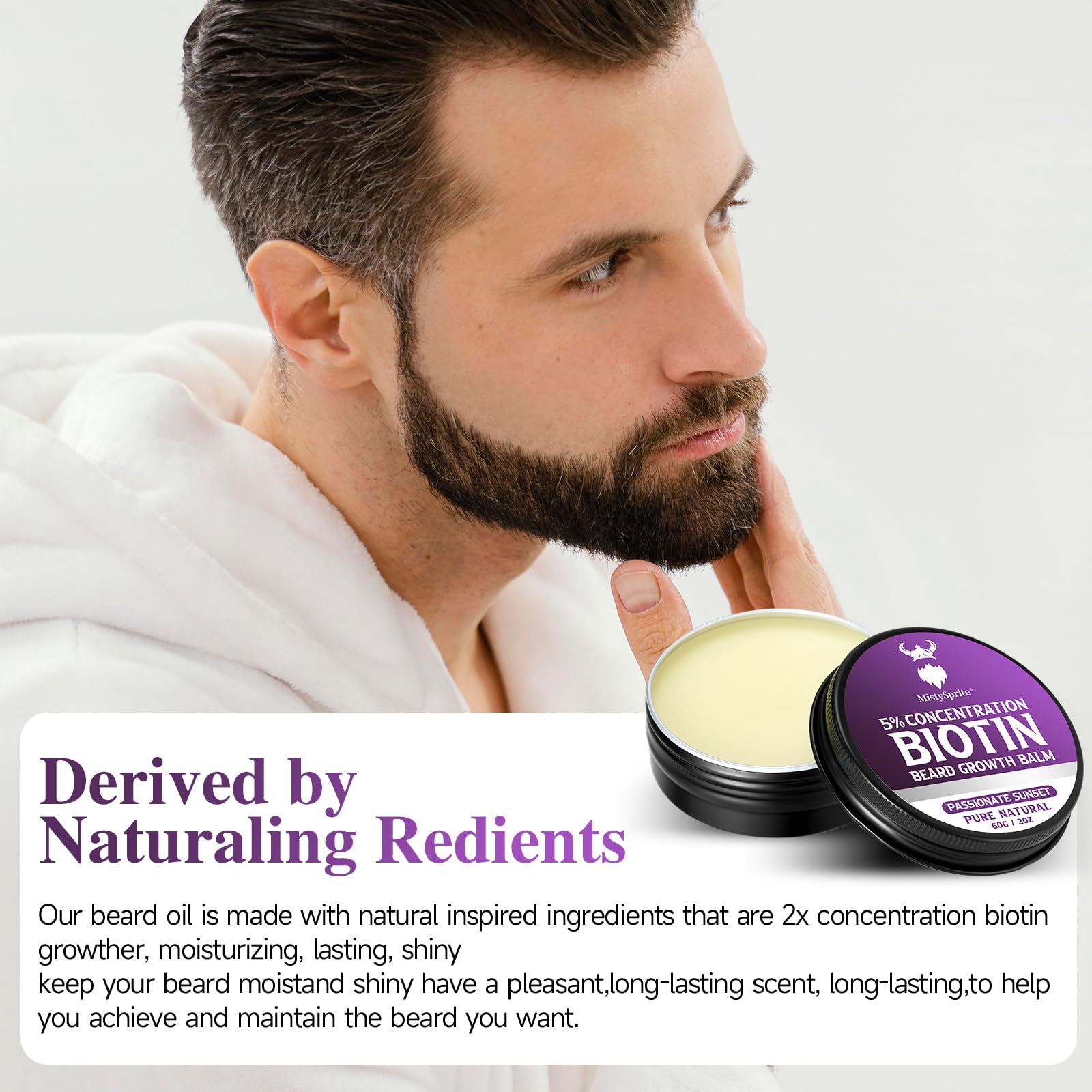 Beard Balm，5% Concentration Biotin Beard Balm for Men (2 oz) - Natural Mens Beard Oil with Castor Oil，Argan Oil, Jojoba Oil and Vitamin,Thickening for Beard，Beard Growth Softener