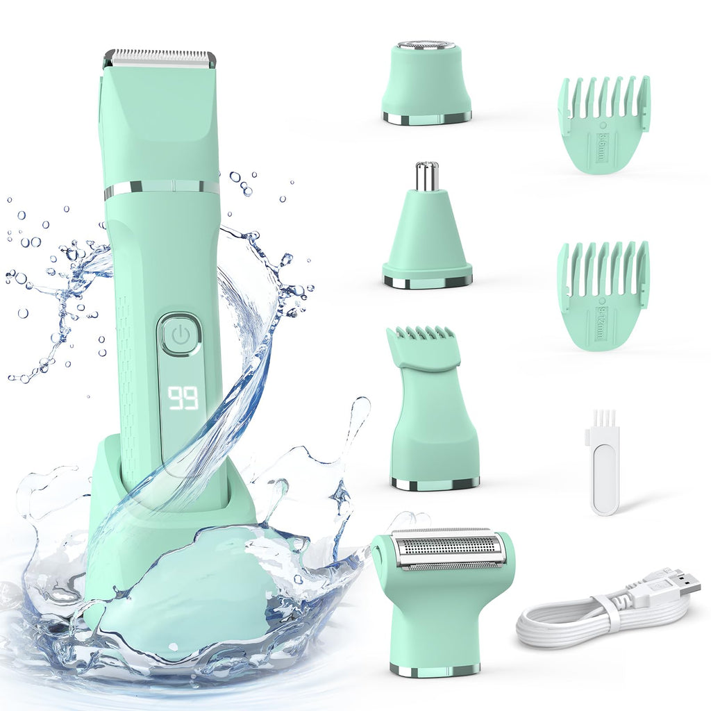 Bikini Trimmer for Women,5-in-1 Electric Razors for Women,Electric Shaver for Women's,IPX7 Waterproof Trimmer for Men Legs,with 5 Replaceable Blade Heads,USB Recharge Dock（Green）