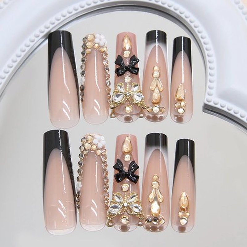 BABALAL Press on False Nails - Long Square Fake Nails Black Goth French Tip Glue on Acrylic Nails, Luxury Butterfly Charm Rhinestone Bling 24Pcs Handmade Glossy Squoval Manicure Artificial