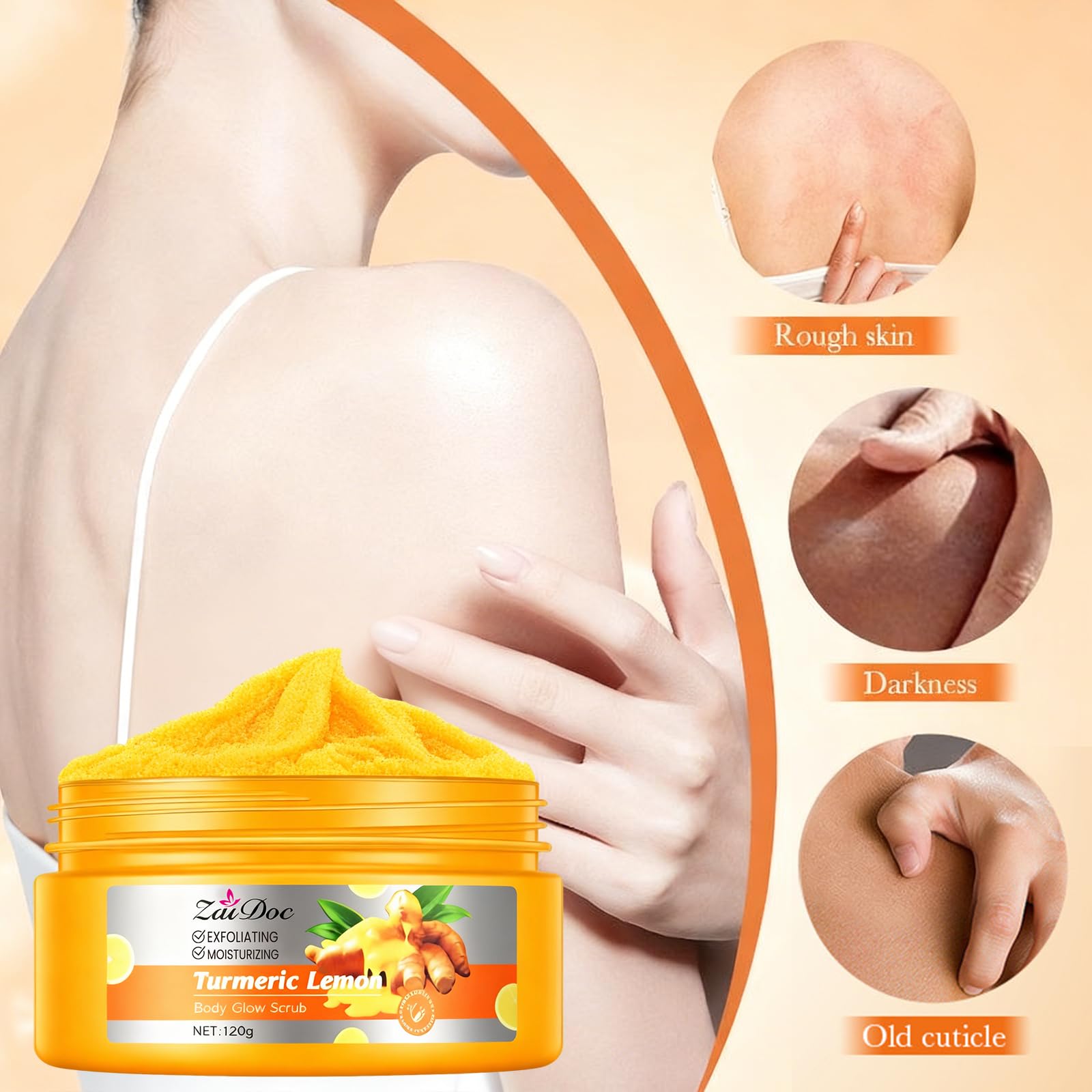 ZaiDoc Turmeric Lemon Sugar Body Scrub, Natural Exfoliating Body with Aloe, Coconut Oil & Hyaluronic Acid, Moisturizing Skin Smoothing Scrub, Gentle Plant-Based Exfoliator for Daily Body Care, 4.2oz