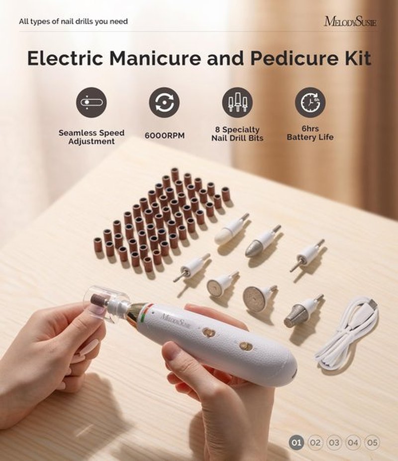 MelodySusie Professional Manicure Pedicure Kit, Cordless 8-in-1 Electric Nail Drill with 20 Speeds, Rechargeable E-File for Thick Nails & Cuticles, Ideal Foot Care for Women Men-PC650E