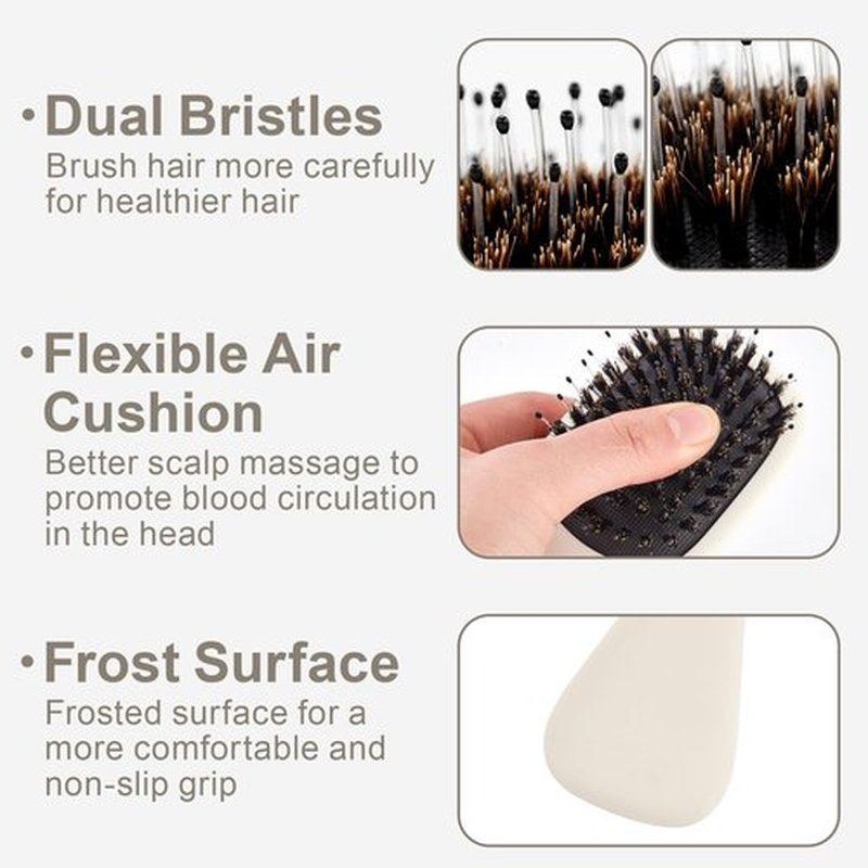 Jurrissa Mini Boar Bristles Hair Bursh, Travel Size Hair Brush for Women Men Kids, Protable Small Hair Brush for Pockets Purses, Mini Detangler Brush for Smooth Add Shine(White)
