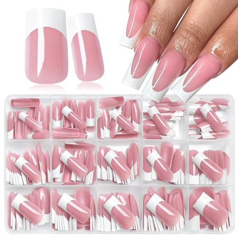 240pc White French Tips Press on Nails Square Fake Nails with Tabs, Medium Nails Press ons French Tip Acrylic Nails Pink Glue ons Nails Square False Fingernail Artificial Nails Stick on Nails Women
