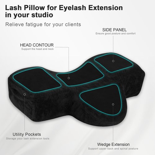 IMENE Lash Pillow for Lash Extensions- Memory Foam Lash Pillows with Neck and Back Support, Ergonomic Lash Bed Pillow with Velvet Pillowcase and Lash Organizer Pockets（Black）
