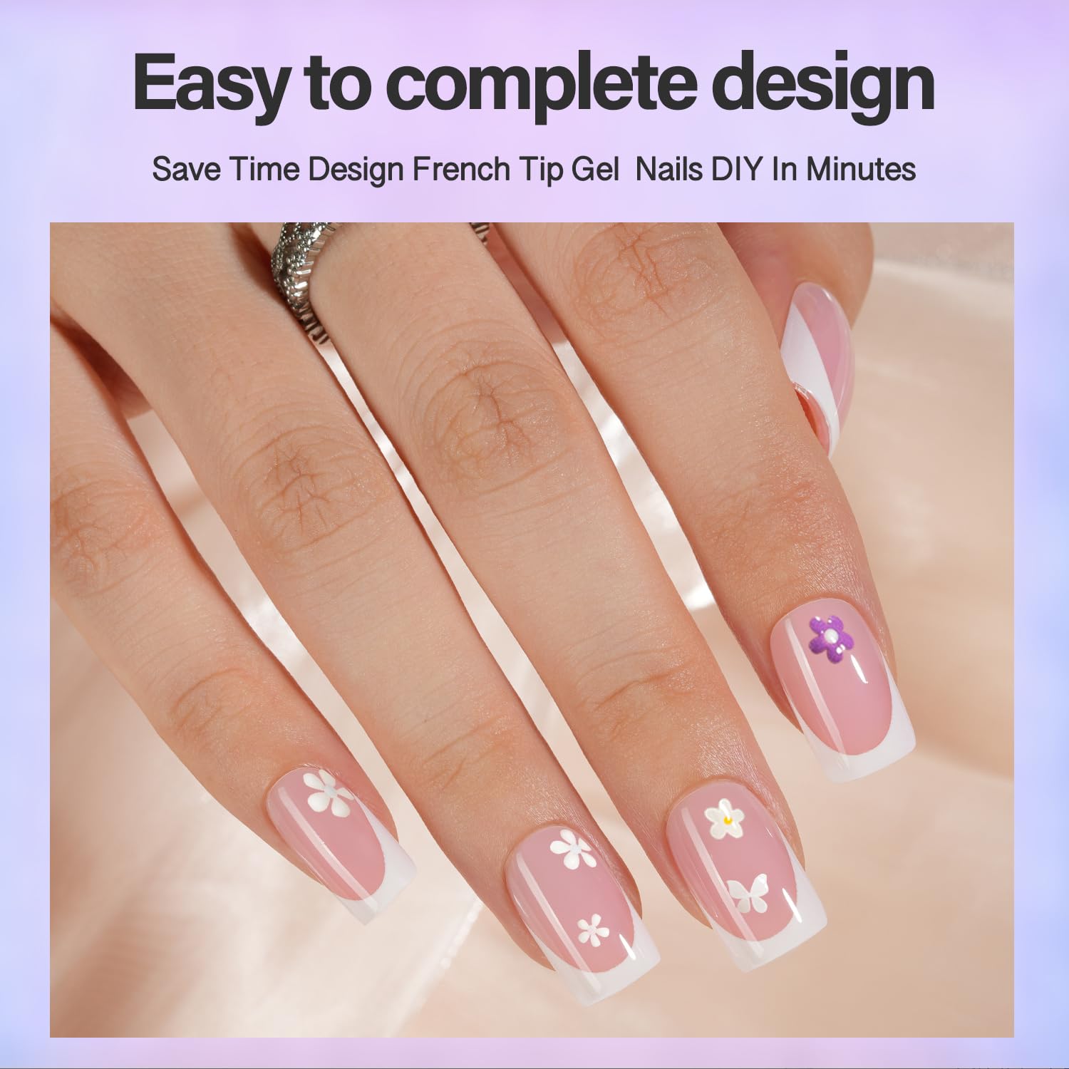 Vansiho Pink French Gel Nails Kit - Short Square French Tip Press on Nails, Nail Gel, Top Coat and Nail Lamp for Gift and Nail Art DIY